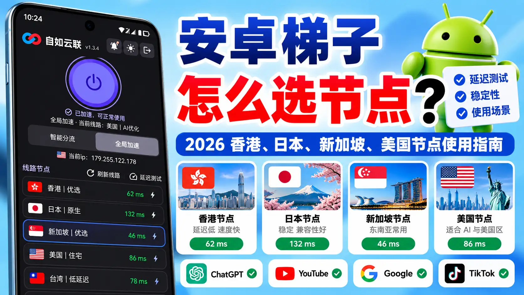安卓梯子怎么选节点的 2026 Android 香港、日本、新加坡、美国节点延迟与使用场景示意图