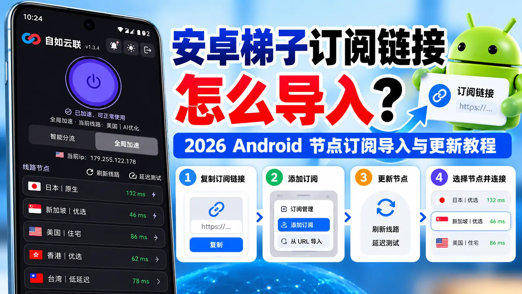 安卓梯子订阅链接导入教程，展示 Android 客户端复制订阅、添加订阅、刷新节点与连接线路步骤